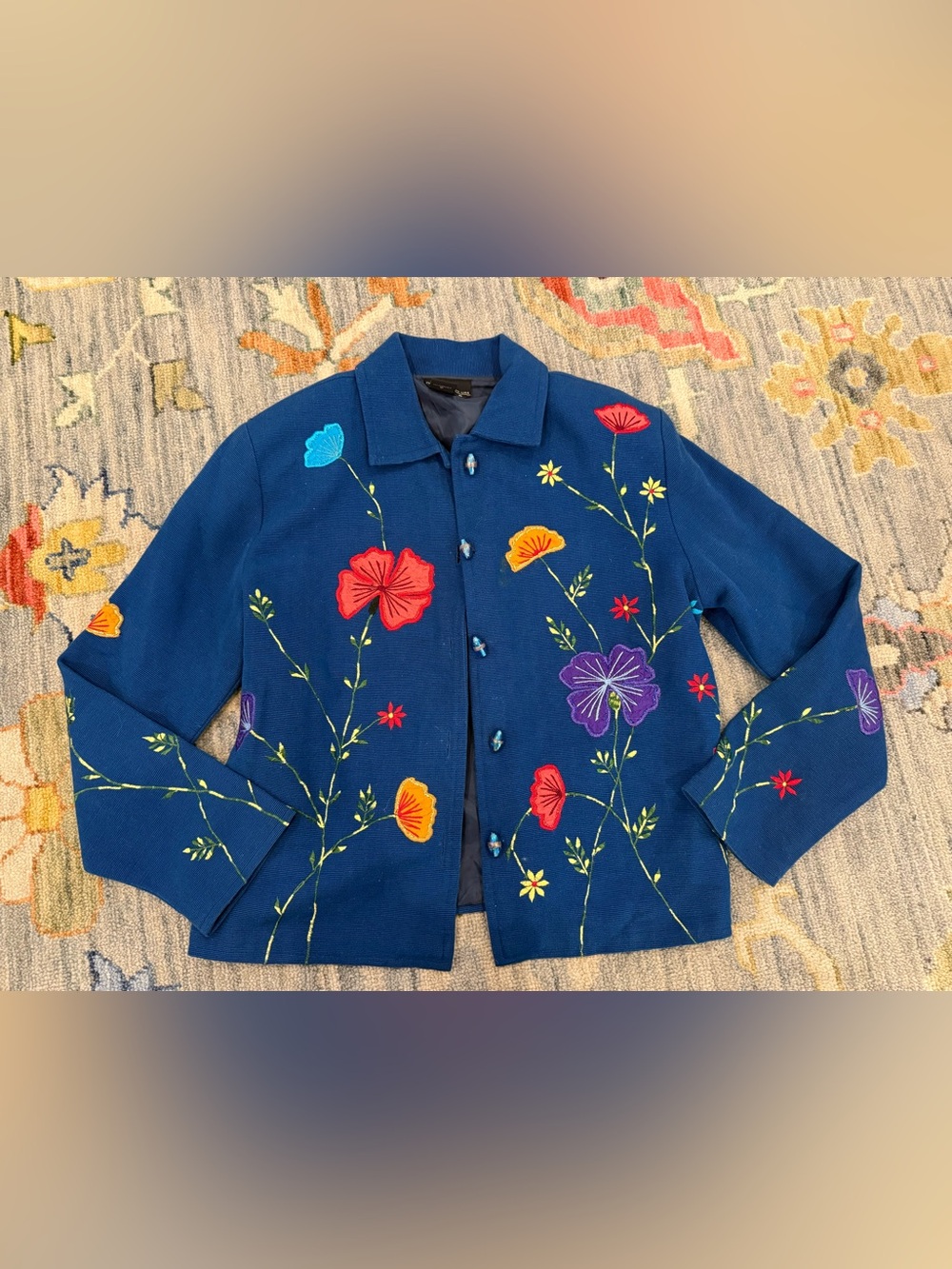 Vtg DANIEL K. New York Floral Embroidered Jacket Sz small blue Woven Jacket